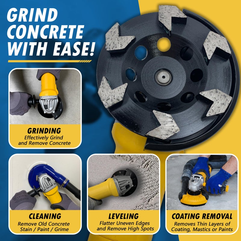 EDiamondTools عجلات طحن الماس عالية الأداء 5" للخرسانة، الطلاء، الإيبوكسي، الماستيك، إزالة الطلاء، #30/40 حبيبات، 6 قطع سهم، 5/8"-11 محور - Image 4